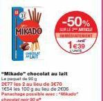 Promo -50% ! 2€77 les 2 paquets de Mikado Chocolat au Lait, 90 g, 100 g à 2€06