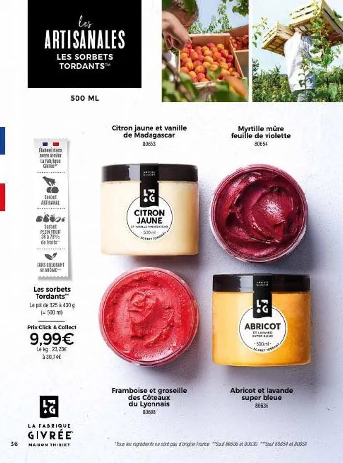 l'excellence des sorbets artisanaux to. : serbet artisanal 500ml, 38-78% de fruits sans colorant et sans arome.