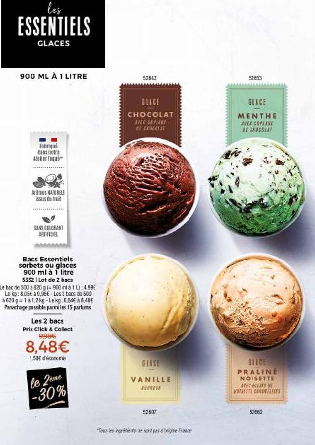 Lot de 2 Bacs Essentiels: Sorbets & Glaces 900ml - 1 litre Naturels & Sans Colorant Artificiel