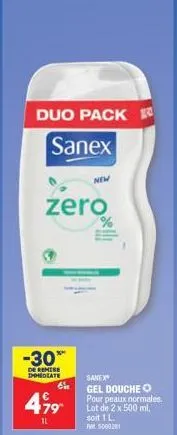 promo -30% : duo pack sanex zero gel douche pour peaux normales (lot de 2 x 500 ml, 1l) 500021