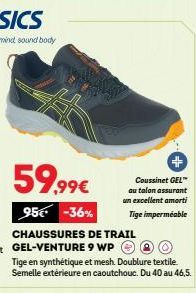 Gagnez 36% sur les Chaussures de Trail Gel-Venture 9 WP: Coussinet GEL™, Tige impermeable et Semelle extérieure en ca!