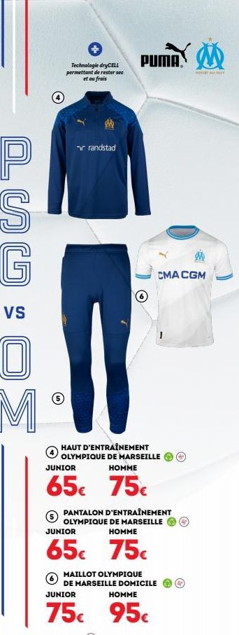 Profitez de la Technologie dryCELL de PUMA Pour Rester Sec et Au Frais ! Haut d'Entraînement Olympique de Marseille pour Junior à 65€ et Pantalon à 75€ !