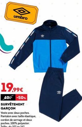 Promo -50% : Survêtement Garçon UMBRO - Veste et Pantalon 100% Polyester à Partir de 19,99€!