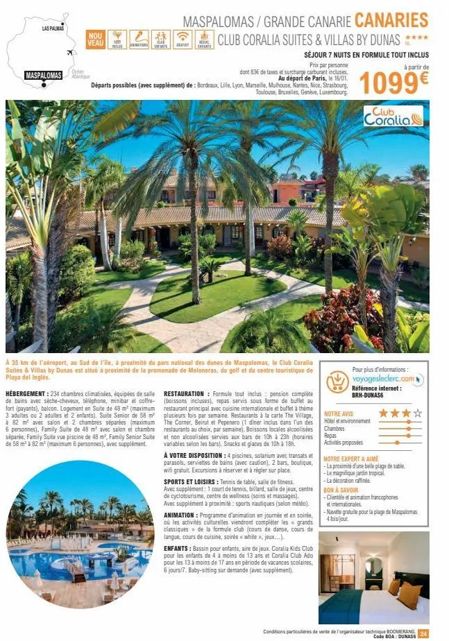 voyage de luxe à las palmas-maspalomas: 7 nuits tout inclus dans le club coralia suites & villas by dunas ****