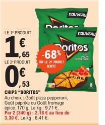 Doritos Chips - 2e produit pour 0,53€ ou 68% de réduction! Goût pizza pepperoni, paprika ou fromage épicé. 170g. Le kg: 9,71€.