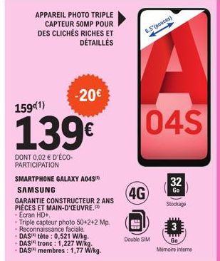 Appareil Photo Triple Capteur 50MP Samsung Galaxy A04S à 139€ avec -20€ de Réduction et Garantie Constructeur 2 Ans!