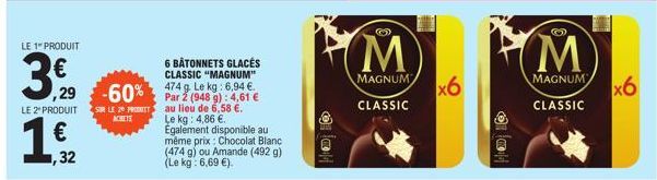 Magnum Bâtonnets Glacés Classiques 474 g: -60%, 4,61 € par 2 (948 g)!