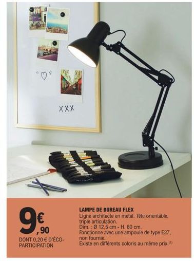 Lampe de Bureau Flex | Architecte en Métal | Orientable et triple articulation | 0,20€ d'Éco-Participation | Ø 12,5cm - H. 60cm | E27.