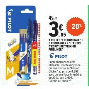 pack pilot frixion à -20% : com tokat 4027 + roller + recharges + feutre fineliner erasable