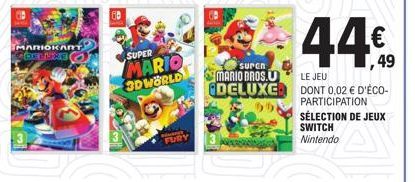 Nintendo Switch: MARIOKART Deluxe, Super Mario 3D World, FUR SURAN Mario Bros. U Deluxe à 44€ (49€ -5€ Promo) + Éco-Participation de 0,02€!