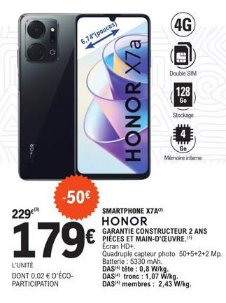 Smartphone X7A Honor 4G 6,74 avec 128 Go de Stockage -50€ ! Garantie Constructeur 2 ans + Eco-participation 0,02 €