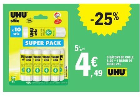 UHU Super Pack : 10 Stics, 49 UHU, 9 Bâtons de Colle à 8,2g + 1 à 216g + Bon de Colle -25%, 4€ seulement !”