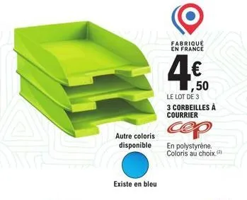 lot de 3 corbeilles à courrier fabriqué en france à 4 € 50 - autres coloris disponibles - en polystyrène.