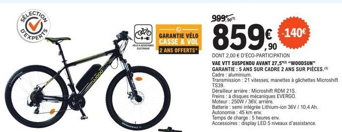 Vélo électrique Suspendu Woodsun avec Garantie 5 Ans Cadre + 2 Ans Offerts - 999,90€ (859€ avec Eco-Participation).
