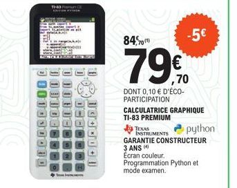 TI-83 Premium: Calculatrice Graphique à Écran Coul de Texas Instruments avec Garantie Constructeur de 3 Ans, 84% de Réduction et Éco-Participation de 0,10€!