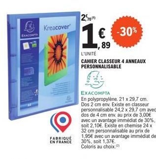 EXACOMPTA Kreacover FABRIQUÉ EN FRANCE: -30% 1€,89 l'unité. Caier Classeur 4 Anneaux Personnalisable en Polypropylène. 21x29,7cm.