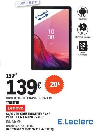 Tablette Lenovo Tab M9 de 10,08 à un prix spécial de 139€ - DAS 1.47, résolution 1340x800, garantie de 2 ans (¹).