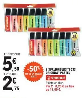offre spéciale : stabilo pas cher - 2 produits à 1,75 € et 5€50% de réduction sur le 2nd produit en pastel fluorescent !