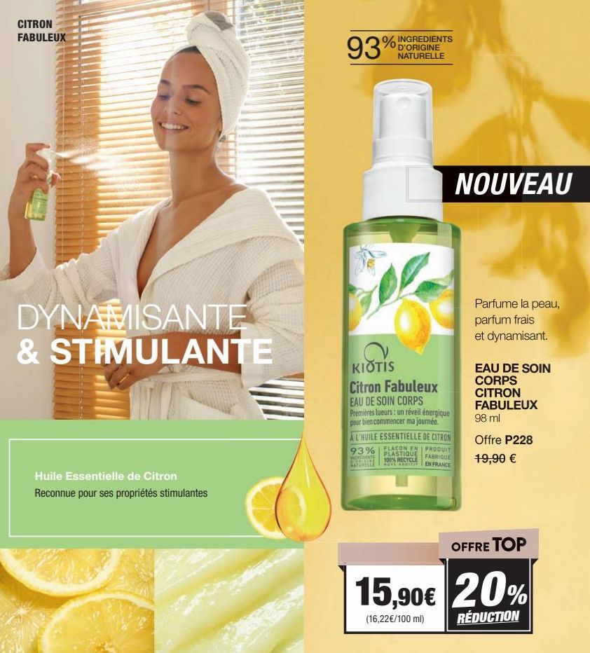 “Kiotis Citron Fabuleux | Huile Essentielle Stimulante à 93% d'Ingrédients Naturels | 19% de Promo | Eau De Soin Corps”