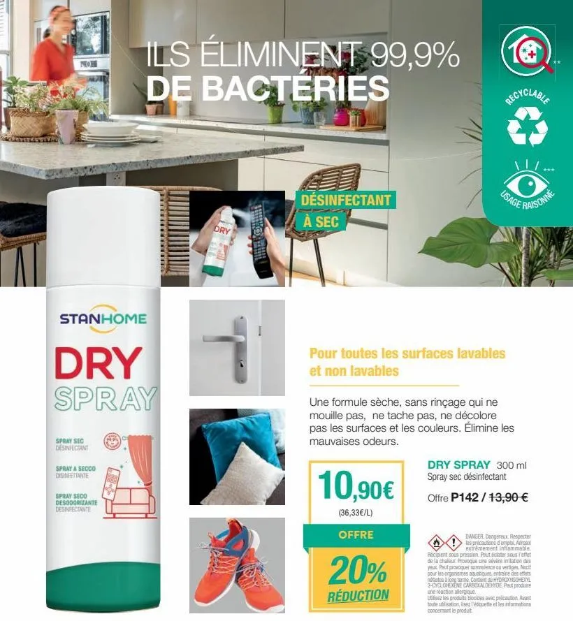 noh stanhome dry spray: desinfectante, desodorizante & élimine 99,9% des bacteria - spray à sec pour toute!