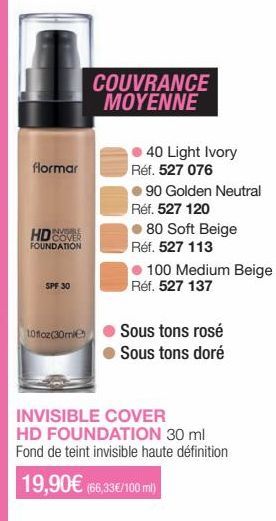 Foundation HD Cover Invisible Flormar SPF 30: Promo 10ffcz(30mi), Couvrance Moyenne & 4 teintes disponibles!