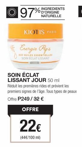 Kiotis Paris Energie Pep's : 97% D'Origine Naturelle, 7% Aux Huiles Essentielles - Soin Éclat Lissant Jour 50ml.