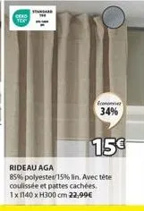 rideau polyester/lin deko standard à 15€ | tête coulissée + pattes cachées | h300 x 1140 cm | 34% d'économie!