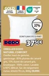 oreiller dodo naturel comfort: promo -3750€ & ecopart 0,06€ - 85% plumes de canard gris et 15% duvet de c.
