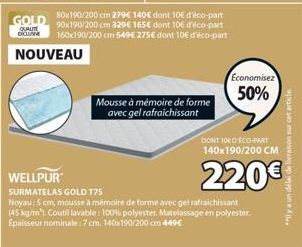Promotion : Économisez 50%, -10€ d'éco-part ! Matelas Wellpur Gold T75 : 220€, 5 cm de mousse à mémoire de forme + gel rafraichissant.
