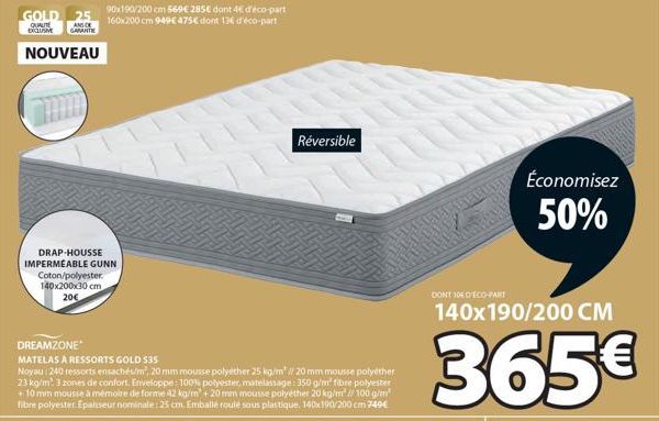 Nouveau Drap Housse Imperméable GUNN avec Garantie Exclusive de Qualité GOLD 25 - 20€ seulement! Matelas à Ressorts GOLD DreamZone - 240 Ressorts Ensacchés/m², Noyau de 20mm mo. seulement 35€!