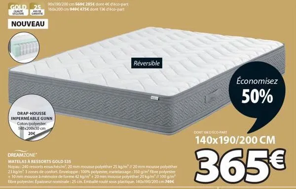 nouveau drap housse imperméable gunn avec garantie exclusive de qualité gold 25 - 20€ seulement! matelas à ressorts gold dreamzone - 240 ressorts ensacchés/m², noyau de 20mm mo. seulement 35€!