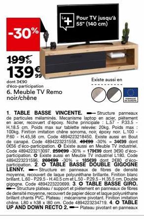 Meuble TV Remo noir/chêne | -30% | 139€ dont 3€90 d'Eco-Participation | Pour TV Jusqu'à 55 | Existe En DO Festique IN Europe.