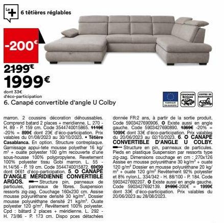 Promo -200€ : Canapé Convertible d'Angle U Colby + 6 Têtières Réglables