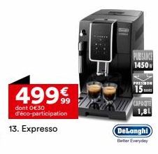 DeLonghi Expresso PUSSANCE 1450 - PROMO - 4999 €30 (avec éco-participation) - Pression 15 - Capacité 1,8L.