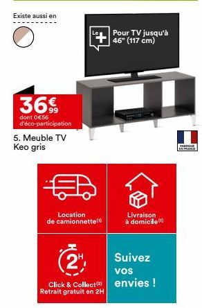 Meuble TV Keo gris à 36€ + 0€56 d'éco-participation - Livraison à domicile (1) - Pour TV jusqu'à 46 (117 cm).