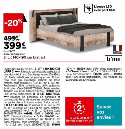 Offre Spéciale: Lit 140x190 cm District à 499€ -20%, avec Structure Bois Dur & Garnissage Ouat - 3€70 d'éco-participation!