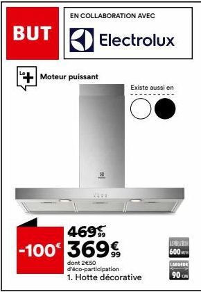 Hotte décorative Electrolux 469-100€ - Promo 369€ + 2€50 d'éco-participation - 600M d'aspiration - Largeur 90 cm