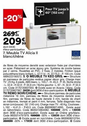 meuble tv alicia ii blanc/chêne nurope -20% : 209€ avec 5€30 d'éco-participation - pour tv jusqu'à 60!