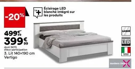 lit vertigo 140x190cm avec éclairage led blanc et finition laque -20% à 399€ - 3€70 d'éco-participation!