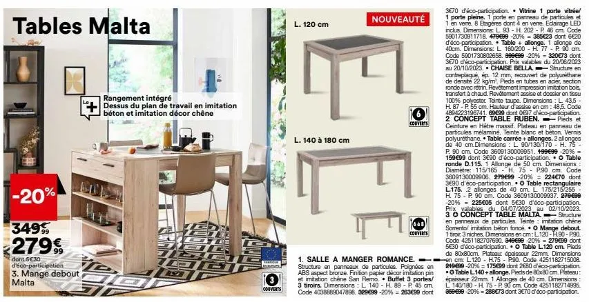 table malta parque -20%, 5€30 éco-participation, dessus du plan de travail béton & chêne, 3 couverts.