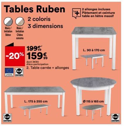 Table Carrée en Chêne Sonoma, 468 couverts, -20% | 159€ avec éco. participation | L. 175 à 255 cm, 2 allonges.