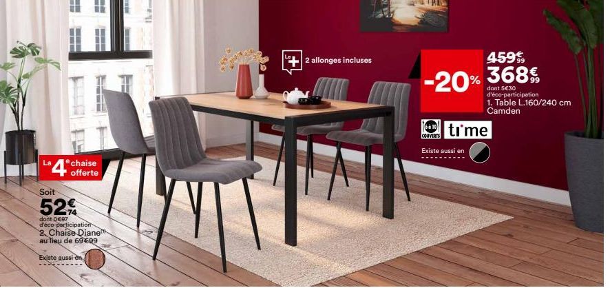 Super Promo : Économisez 20% sur la Table Diane L.160/240 et 2 Chaises avec Allonges Incluses!