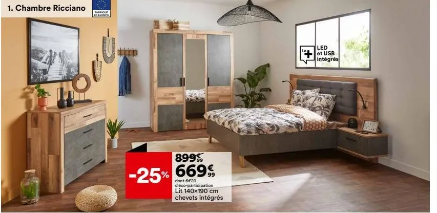 lit ricciano 140x190 cm | -25% | led, usb & chevets intégrés | 899€ à 669€ + 6€20 eco-part.