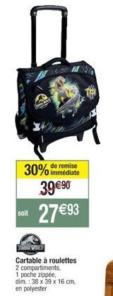 Cartable à Roulettes JBK WORLD - 2 Compartiments + 1 poche zippée - 30% de Réduction - 39 €90 au Lieu de 27 €93!