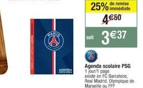 agenda scolaire psg -25%! 1 jour/1 page, 4€50 seulement 3€37 | fc barcelone, real madrid, om, fff!