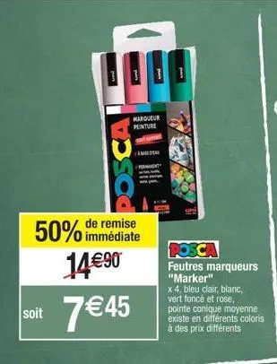 profitez de 50% de réduction: 4 feutres marqueur marker pointe conique moyenne - bleu clair, blanc, vert foncé et rose - seulement 7€45!