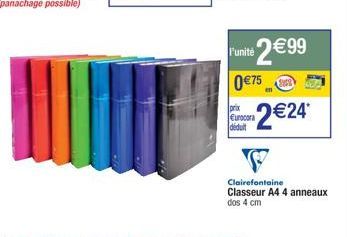 Clairefontaine Classeur A4 4 anneaux - 2€99 | Promo : Eurocora Déduit 2€24 | Dos 4cm.