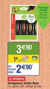 offrez-vous 4 surligneurs stabilo green boss à 3€90 seulement : jaune, vert, orange et rose ! eurocora déduit 2€90* !