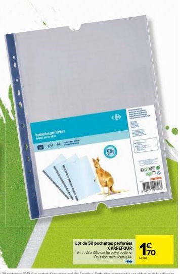 Lot de 50 Poches Perforées CARREFOUR | 1€ 170 | Dim. 23x30,5 cm - pour Document Format A4