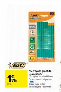 «offre spéciale : bic evu «evolution». 15 crayons graphite et 15 crayons de mine hb dont 5 avec embout gomme. lot de 15 +1 gomme.»